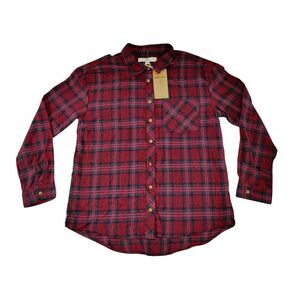 Classic Red Plaid Button-Down Flannel Shirt with Chest Pocket Long Sleeve Casual